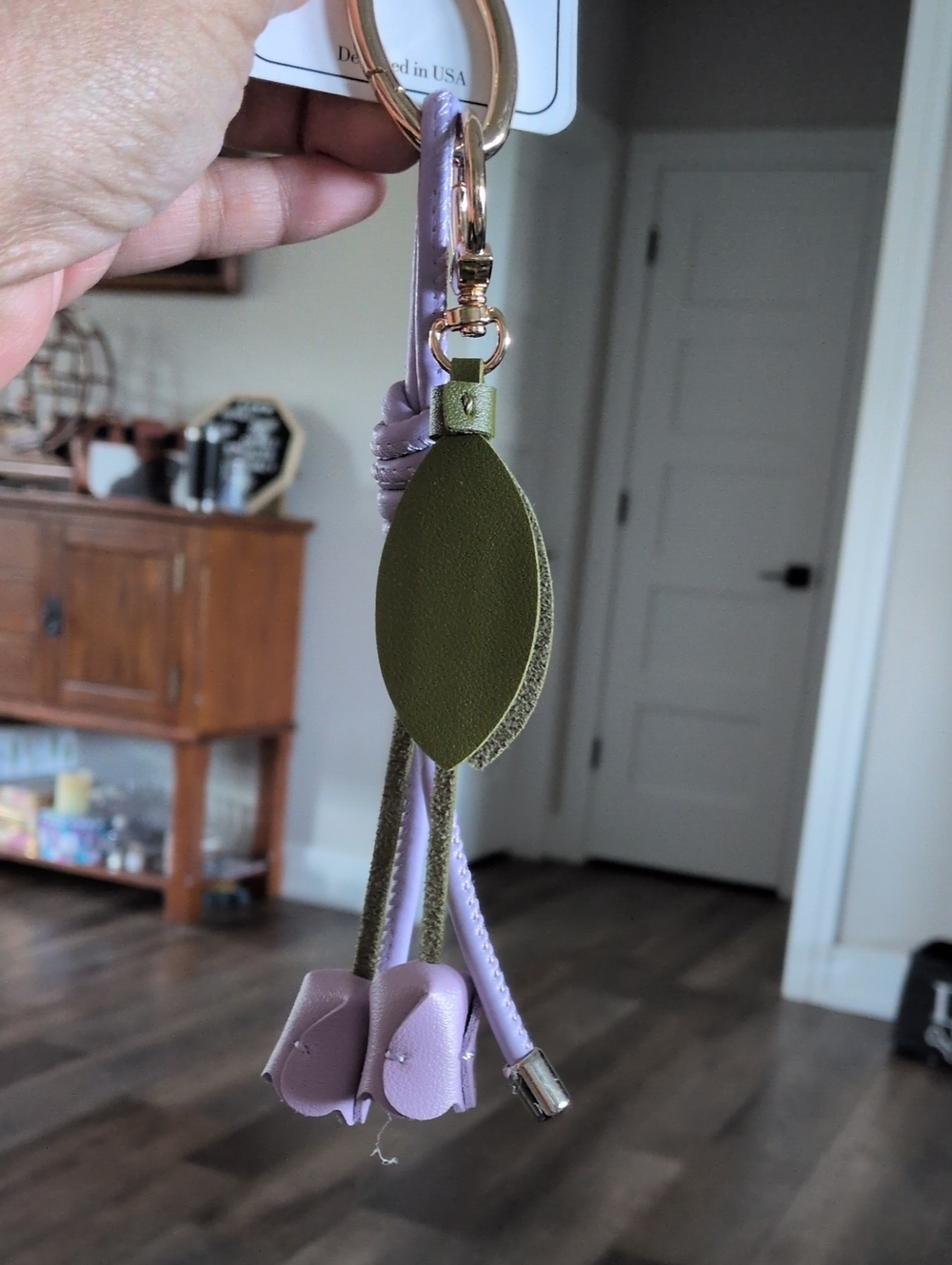 Purple Tulips With Olive Green Leather Leaves Knot Keychain